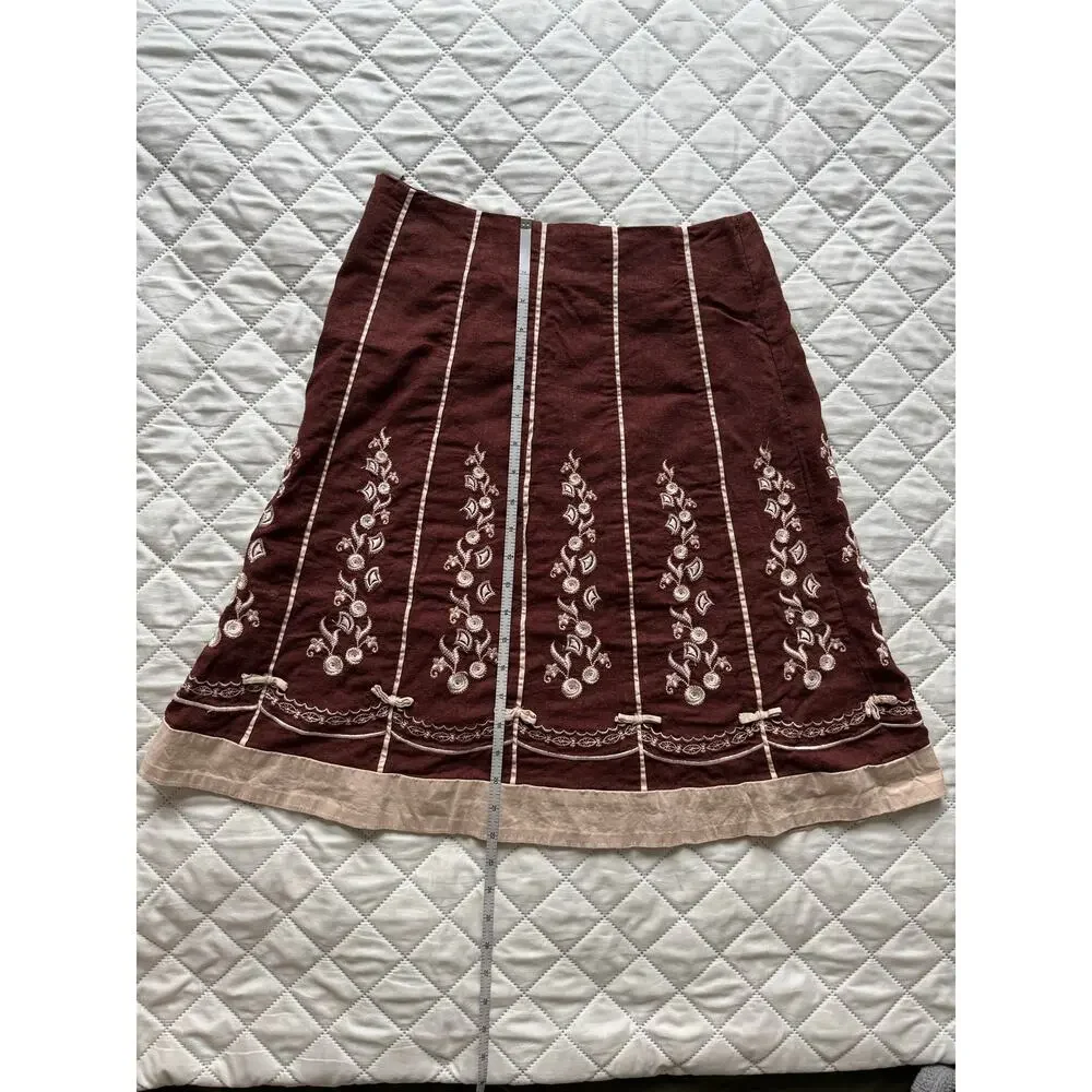 AZwell Linen Blend Embroidered Cottagecore Midi Skirt Brown Boho Prairie M - Picture 9 of 10